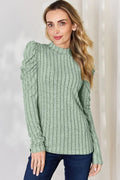 Basic Bae Full Size Ribbed Mock Neck Puff Sleeve T-Shirt - Desert Sunday