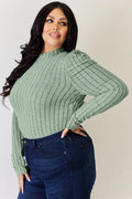 Basic Bae Full Size Ribbed Mock Neck Puff Sleeve T-Shirt - Desert Sunday