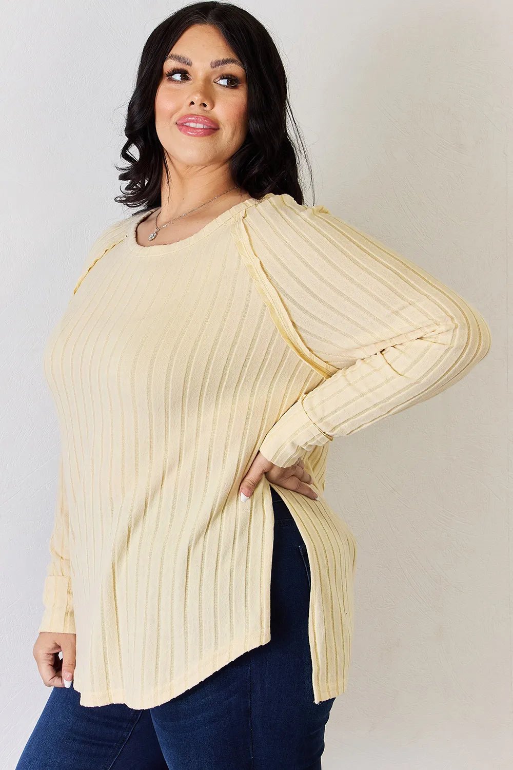 Basic Bae Full Size Ribbed Round Neck Slit T-Shirt - Desert Sunday