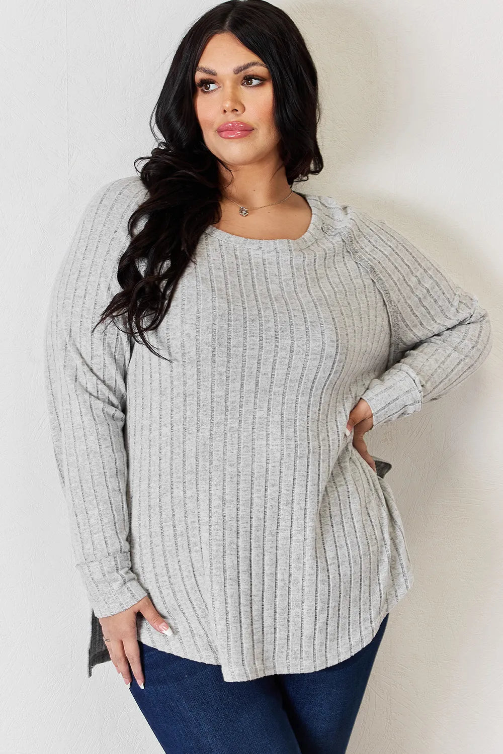 Basic Bae Full Size Ribbed Round Neck Slit T-Shirt - Desert Sunday