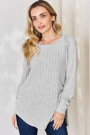 Basic Bae Full Size Ribbed Round Neck Slit T-Shirt - Desert Sunday