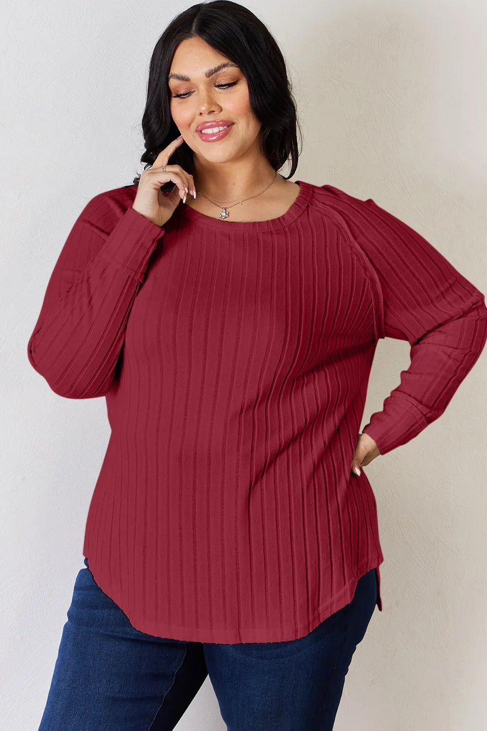 Basic Bae Full Size Ribbed Round Neck Slit T-Shirt - Desert Sunday