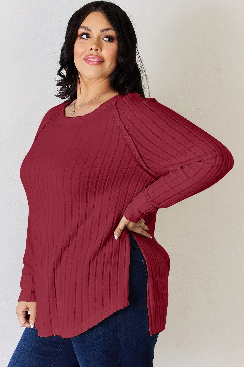 Basic Bae Full Size Ribbed Round Neck Slit T-Shirt - Desert Sunday