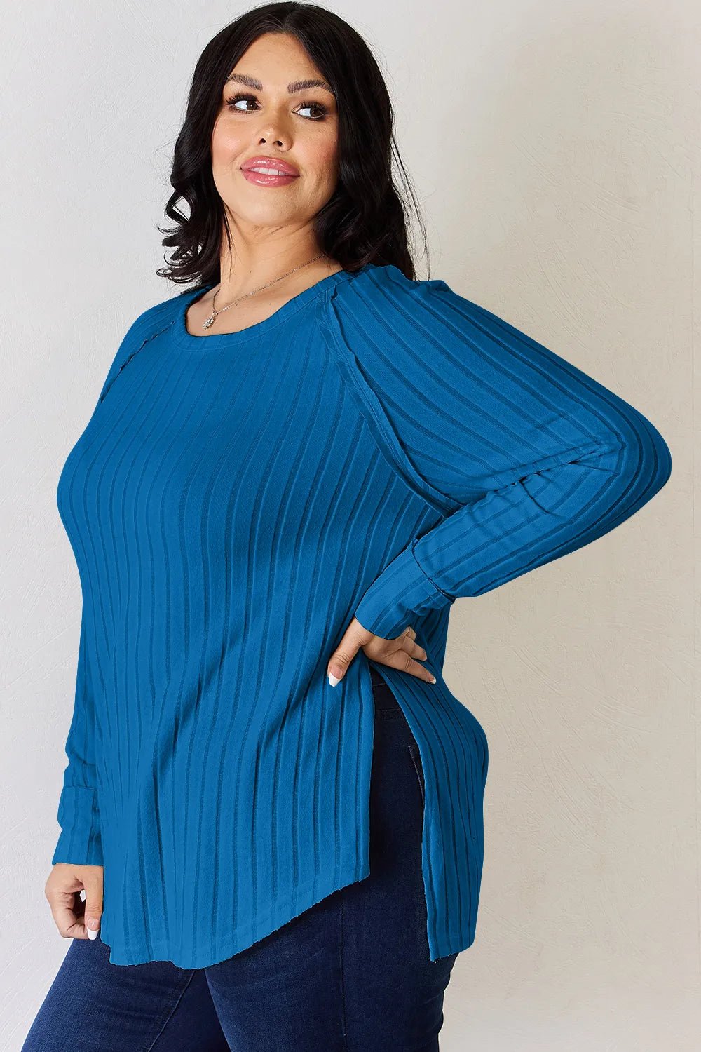 Basic Bae Full Size Ribbed Round Neck Slit T-Shirt - Desert Sunday