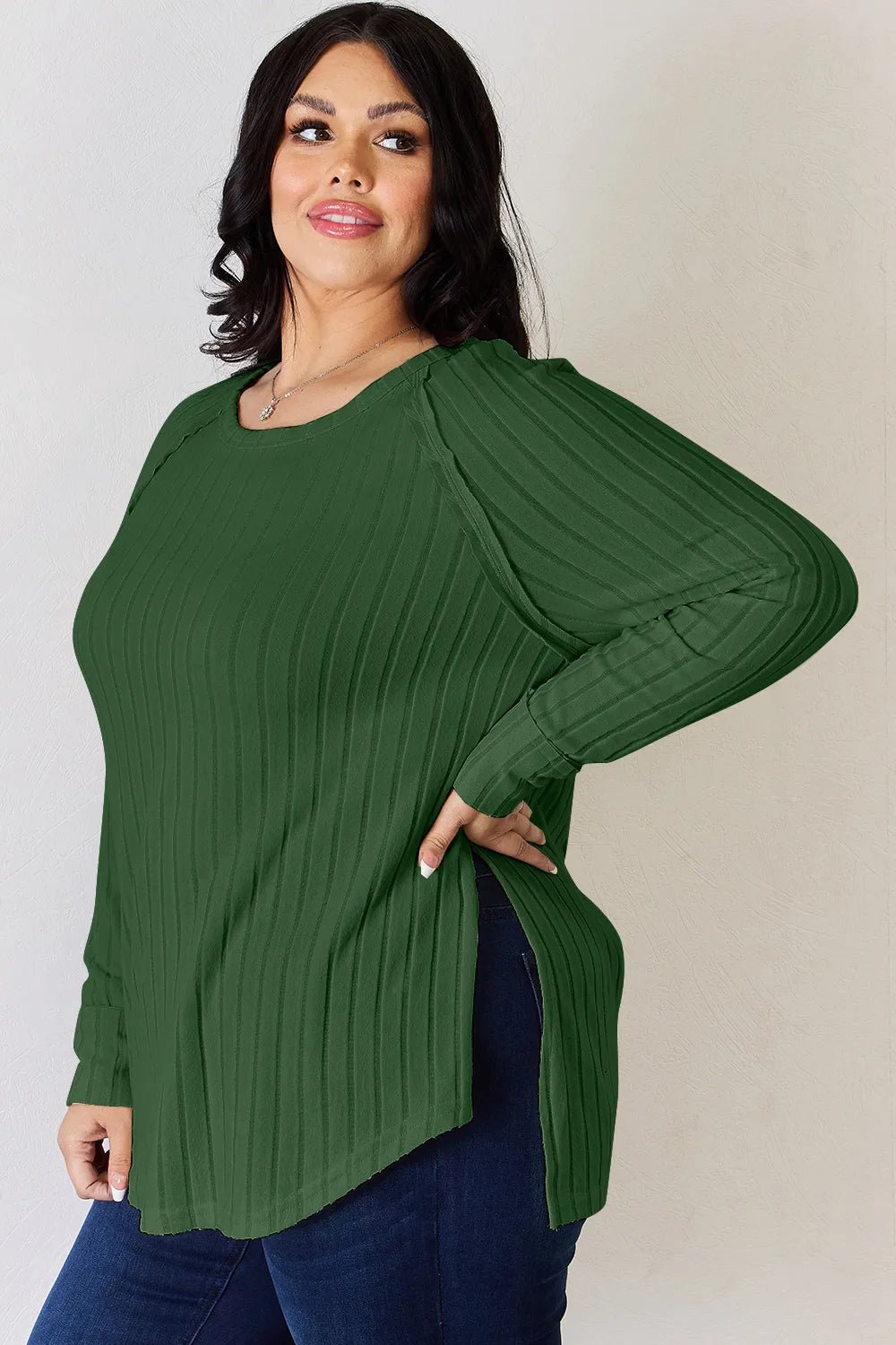 Basic Bae Full Size Ribbed Round Neck Slit T-Shirt - Desert Sunday