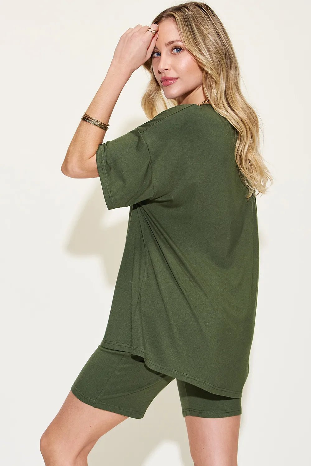 Basic Bae Full Size V-Neck Drop Shoulder T-Shirt and Shorts Set - Desert Sunday