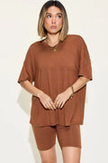 Basic Bae Full Size V-Neck Drop Shoulder T-Shirt and Shorts Set - Desert Sunday
