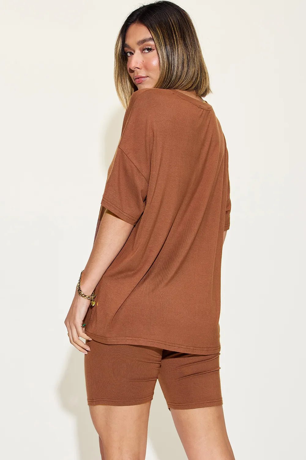Basic Bae Full Size V-Neck Drop Shoulder T-Shirt and Shorts Set - Desert Sunday