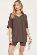 Basic Bae Full Size V-Neck Drop Shoulder T-Shirt and Shorts Set - Desert Sunday