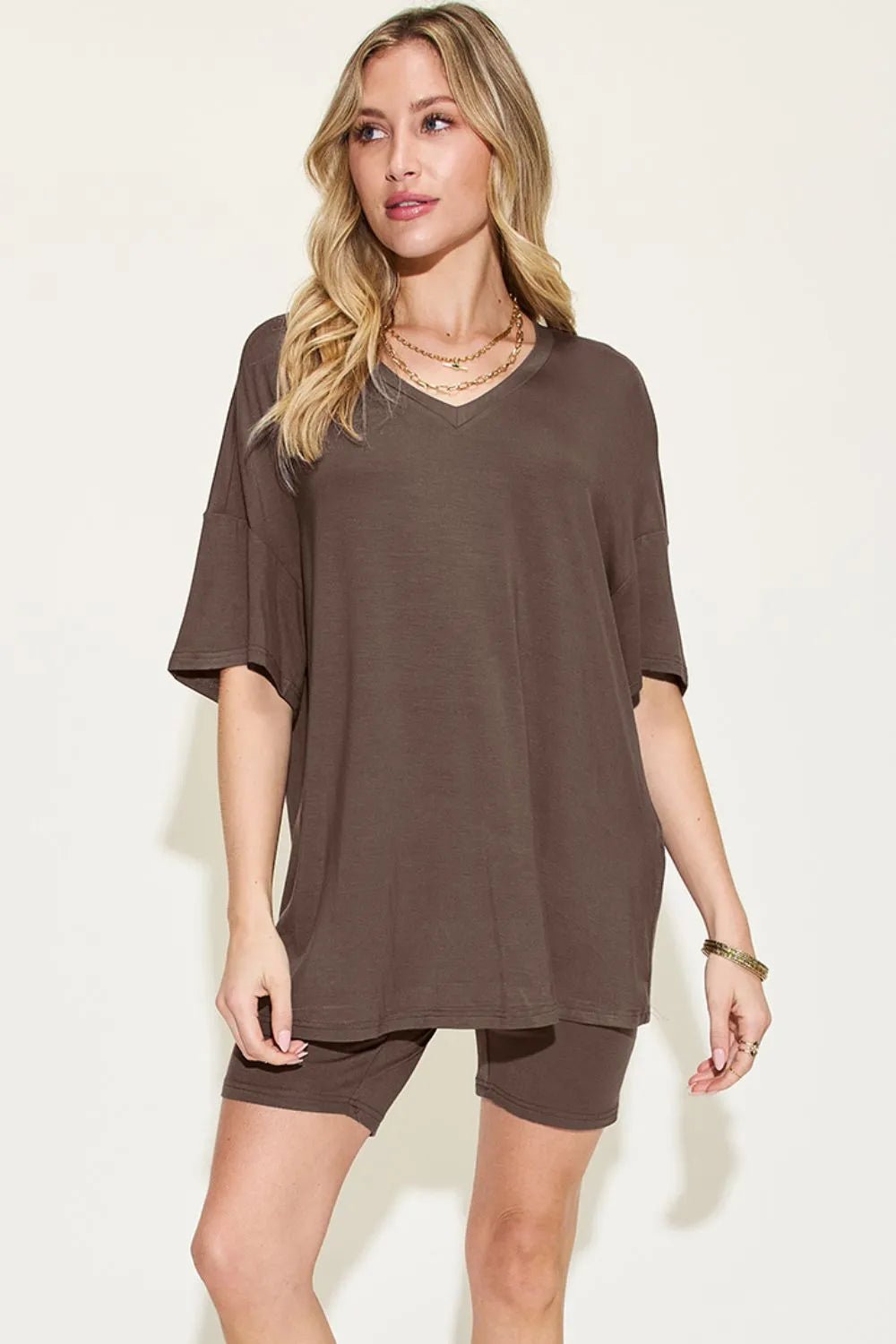 Basic Bae Full Size V-Neck Drop Shoulder T-Shirt and Shorts Set - Desert Sunday