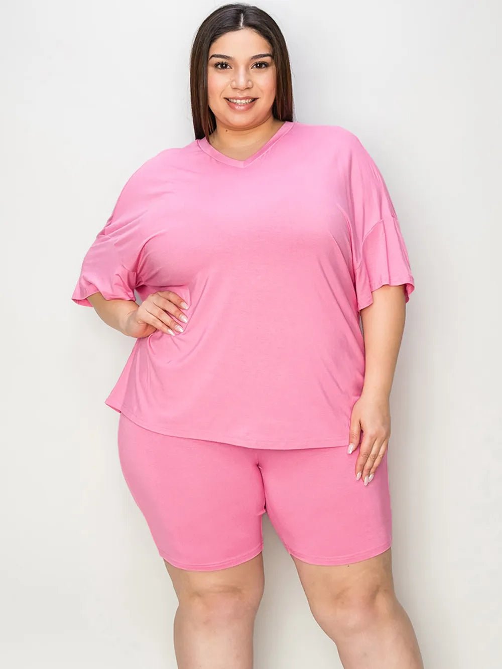 Basic Bae Full Size V-Neck Drop Shoulder T-Shirt and Shorts Set - Desert Sunday