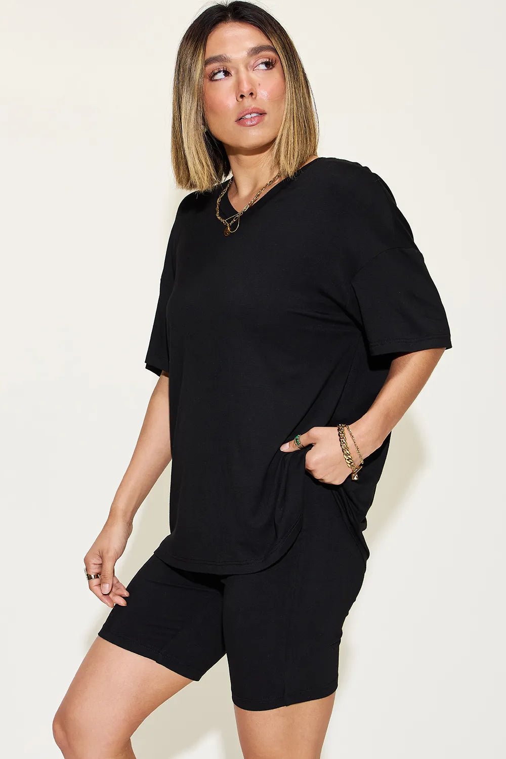 Basic Bae Full Size V-Neck Drop Shoulder T-Shirt and Shorts Set - Desert Sunday