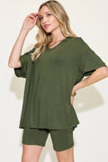 Basic Bae Full Size V-Neck Drop Shoulder T-Shirt and Shorts Set - Desert Sunday