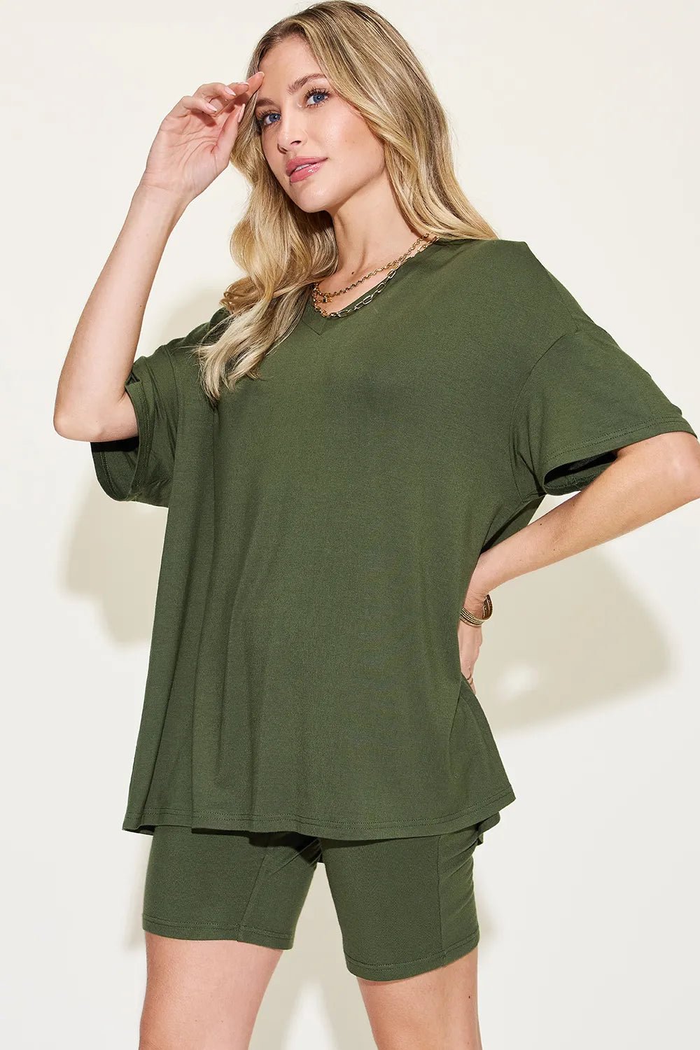 Basic Bae Full Size V-Neck Drop Shoulder T-Shirt and Shorts Set - Desert Sunday
