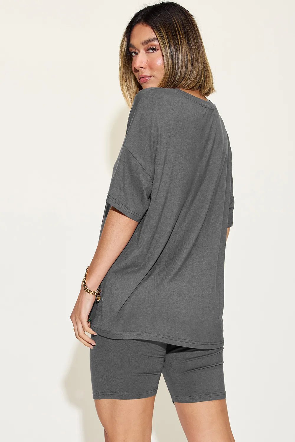 Basic Bae Full Size V-Neck Drop Shoulder T-Shirt and Shorts Set - Desert Sunday