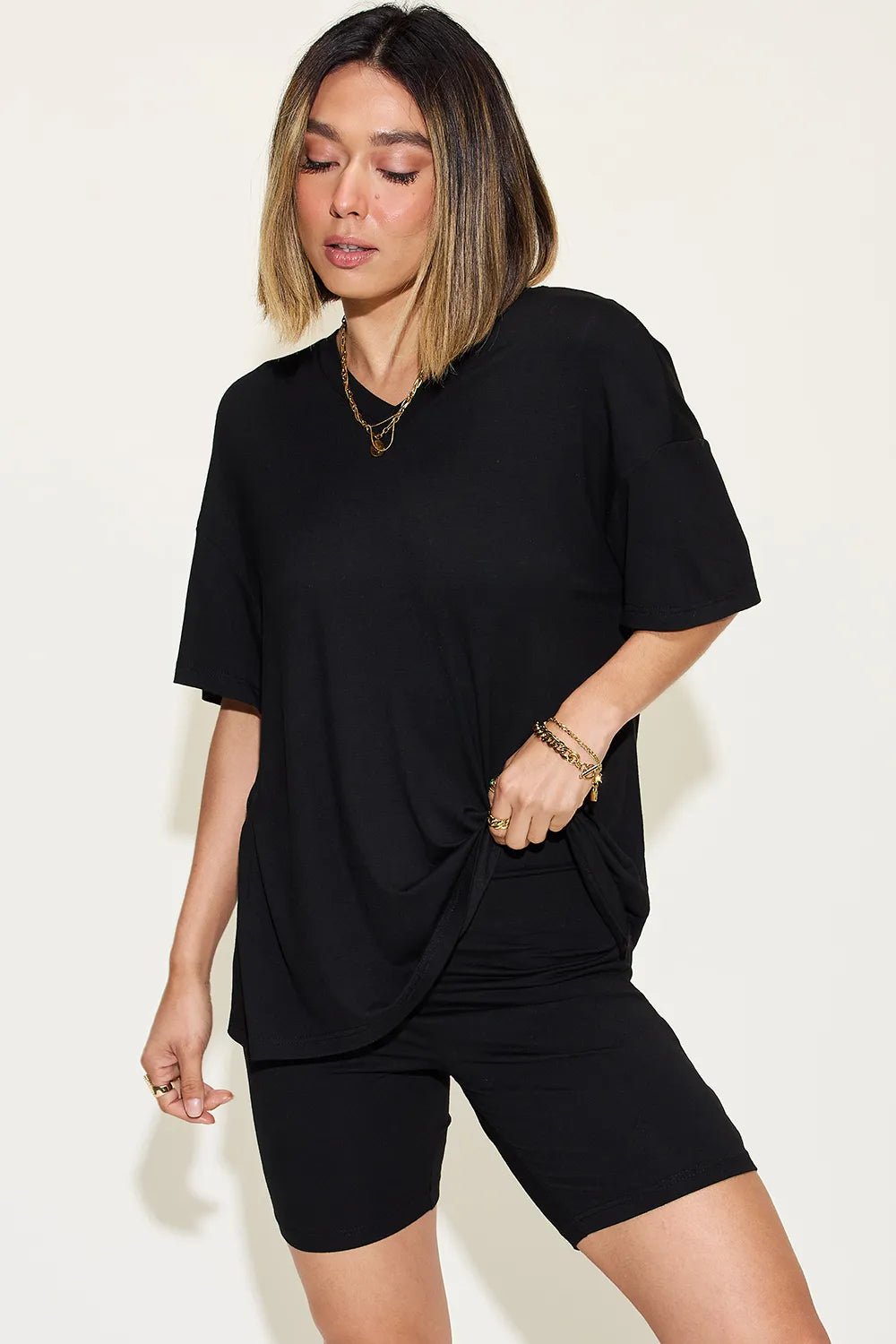 Basic Bae Full Size V-Neck Drop Shoulder T-Shirt and Shorts Set - Desert Sunday