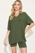 Basic Bae Full Size V-Neck Drop Shoulder T-Shirt and Shorts Set - Desert Sunday