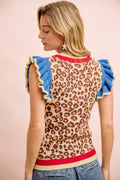 BiBi 4th Of July Leopard Ruffled Detail Knit Top - Desert Sunday