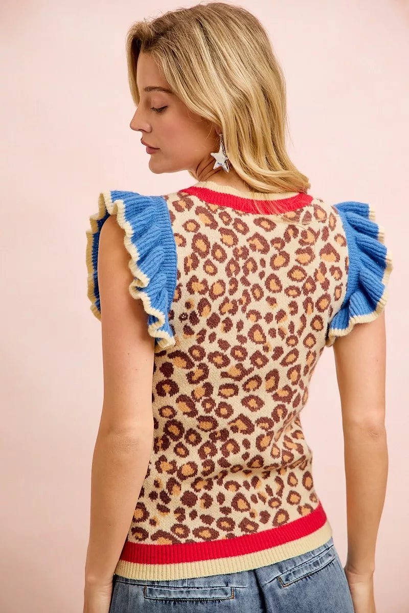 BiBi 4th Of July Leopard Ruffled Detail Knit Top - Desert Sunday