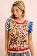 BiBi 4th Of July Leopard Ruffled Detail Knit Top - Desert Sunday