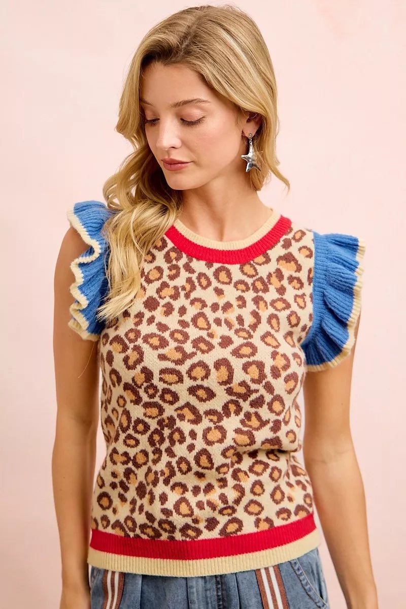 BiBi 4th Of July Leopard Ruffled Detail Knit Top - Desert Sunday