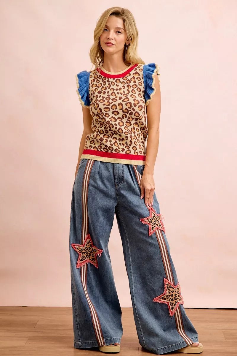 BiBi 4th Of July Leopard Ruffled Detail Knit Top - Desert Sunday