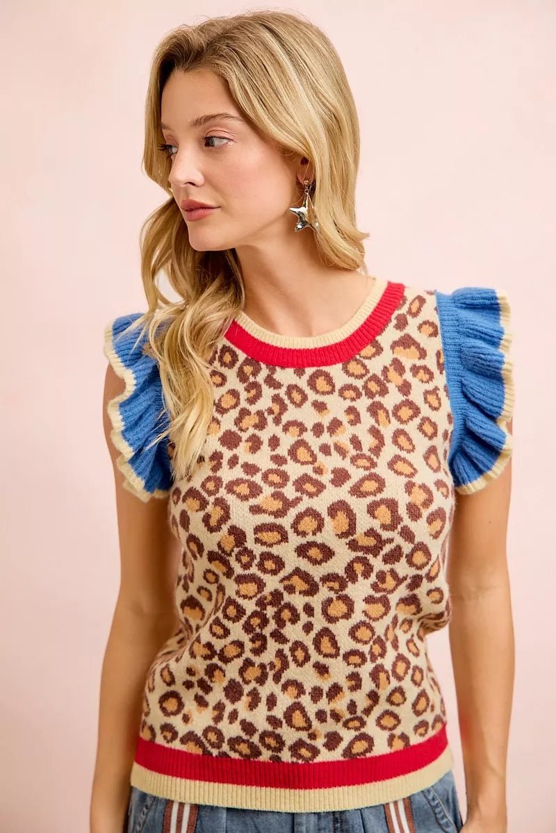 BiBi 4th Of July Leopard Ruffled Detail Knit Top - Desert Sunday