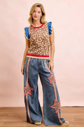 BiBi 4th Of July Leopard Ruffled Detail Knit Top - Desert Sunday