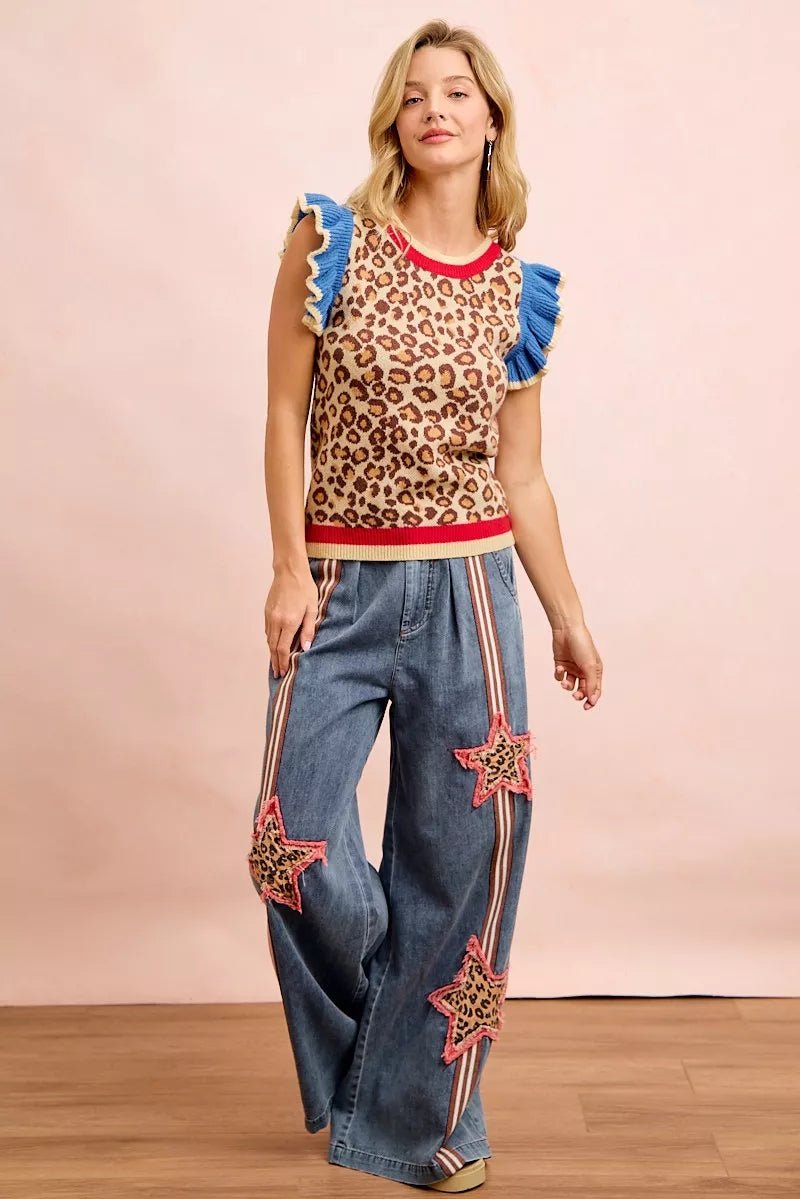 BiBi 4th Of July Leopard Ruffled Detail Knit Top - Desert Sunday