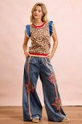 BiBi 4th Of July Leopard Ruffled Detail Knit Top - Desert Sunday