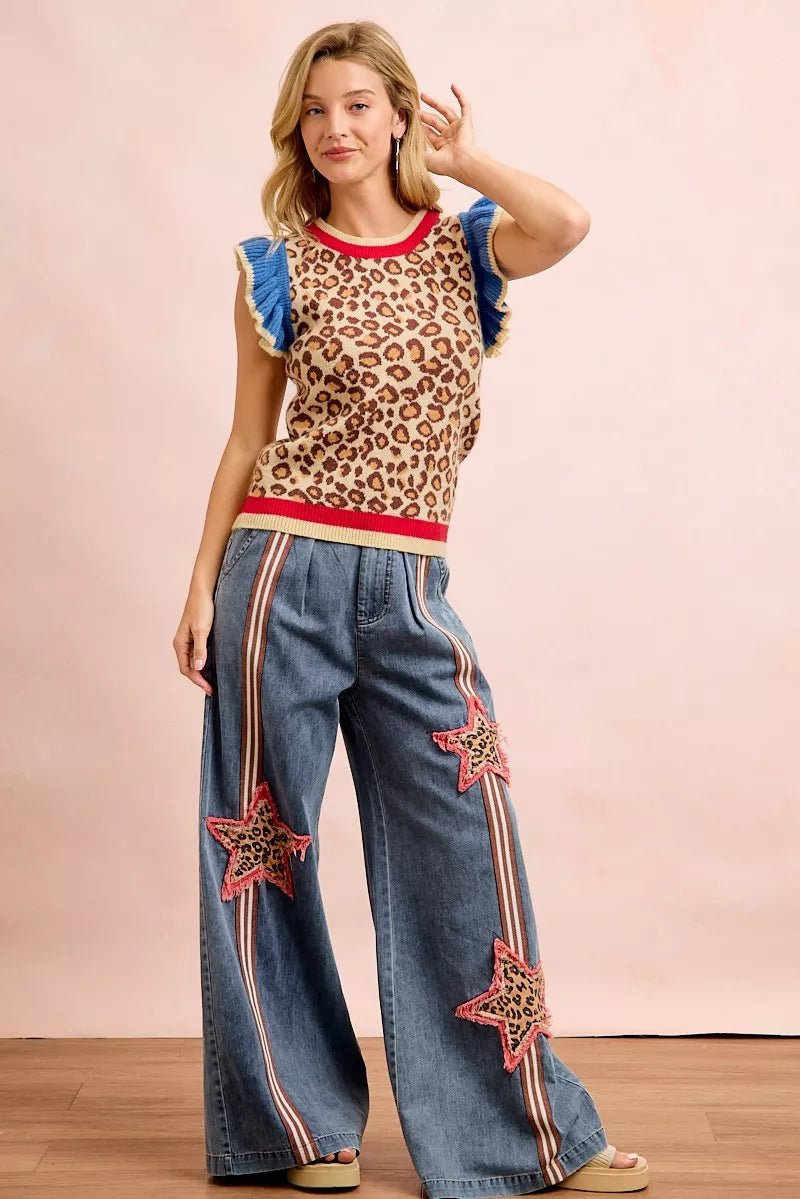 BiBi 4th Of July Leopard Ruffled Detail Knit Top - Desert Sunday