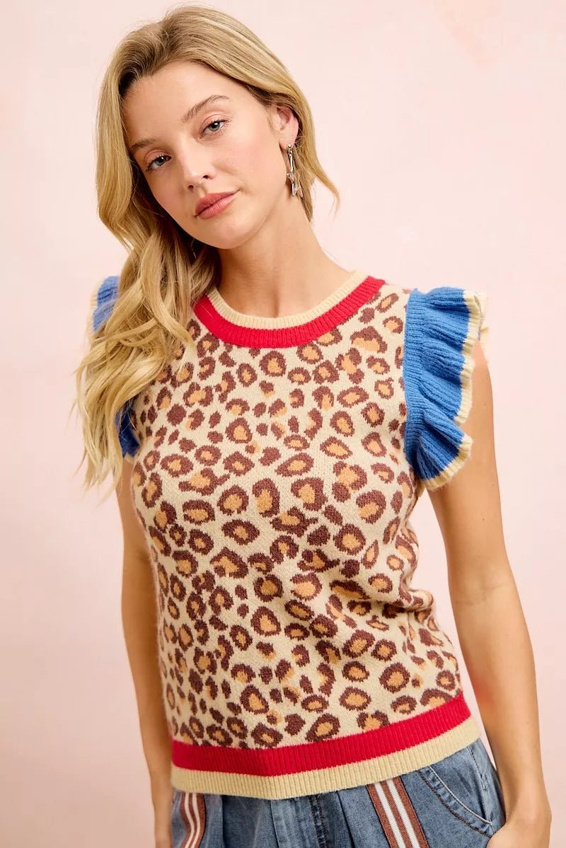 BiBi 4th Of July Leopard Ruffled Detail Knit Top - Desert Sunday