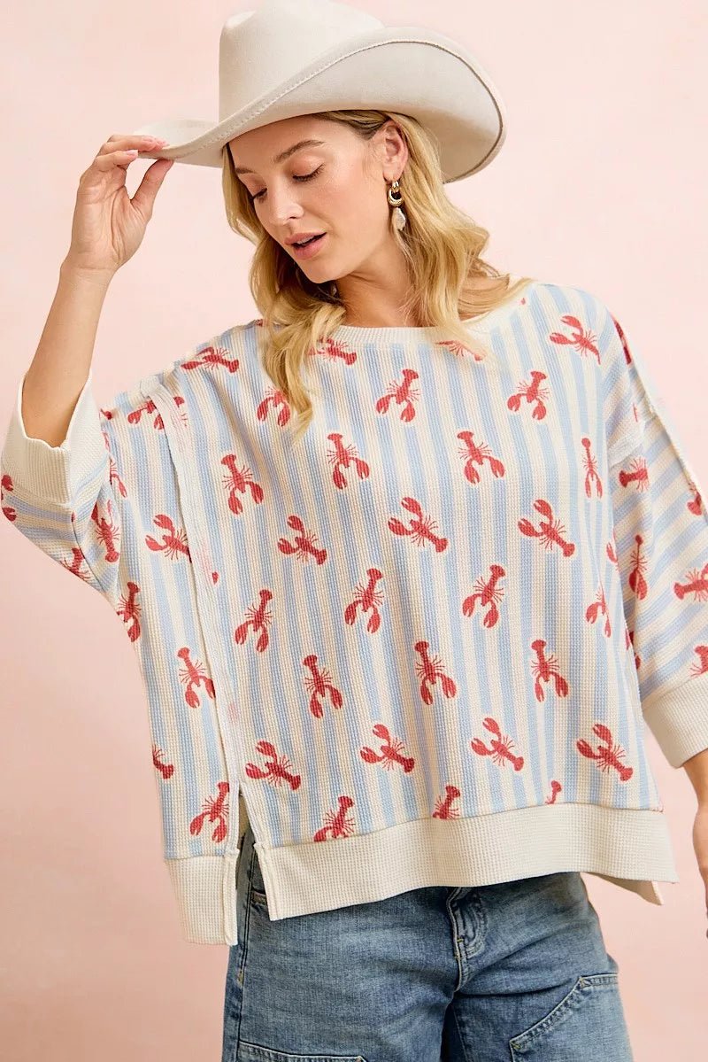 BiBi 4th Of July Lobsters Stripe Waffle Knit Sleeve Top - Desert Sunday