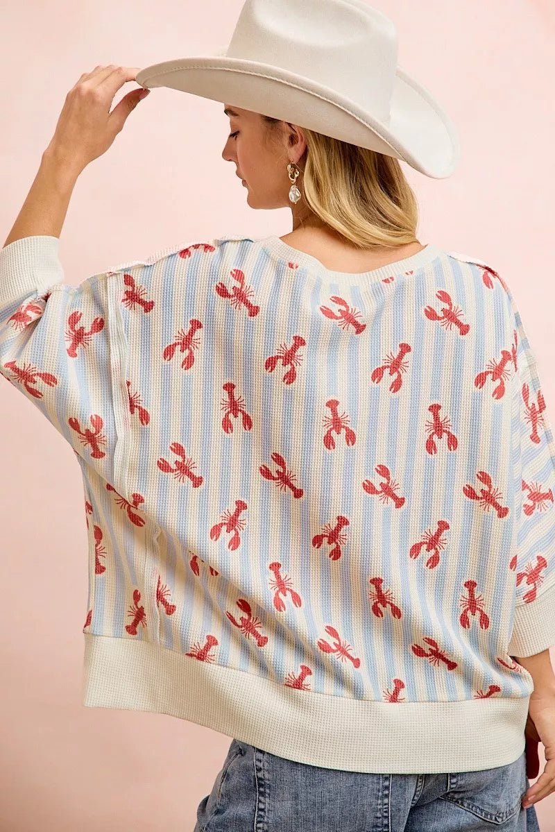 BiBi 4th Of July Lobsters Stripe Waffle Knit Sleeve Top - Desert Sunday
