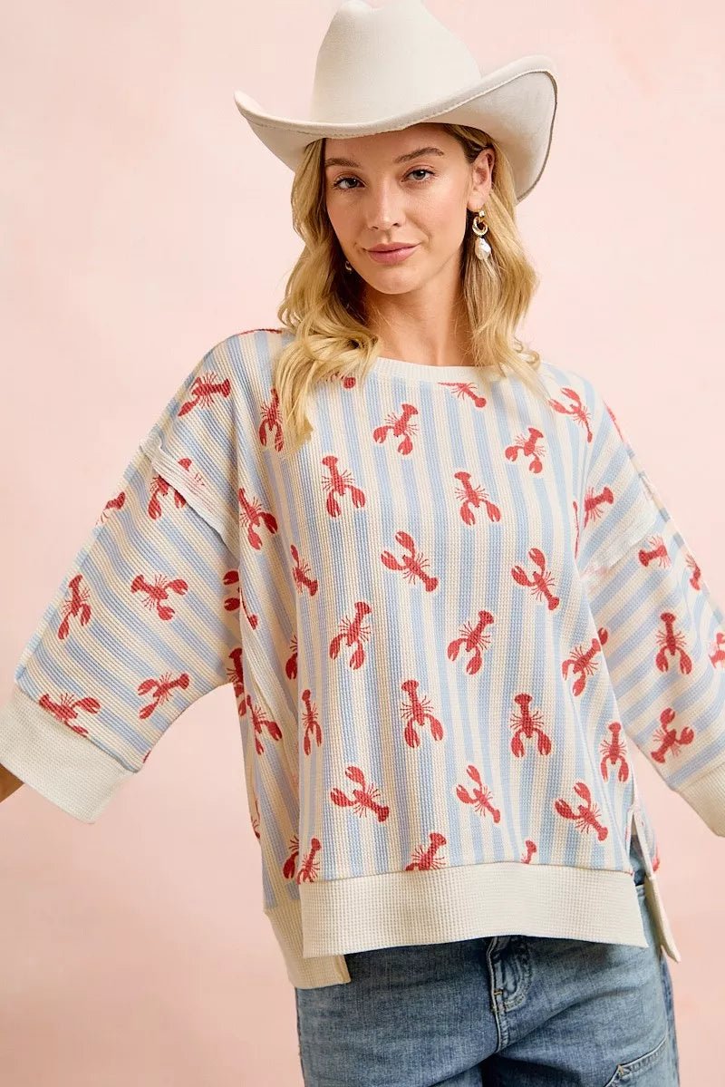 BiBi 4th Of July Lobsters Stripe Waffle Knit Sleeve Top - Desert Sunday