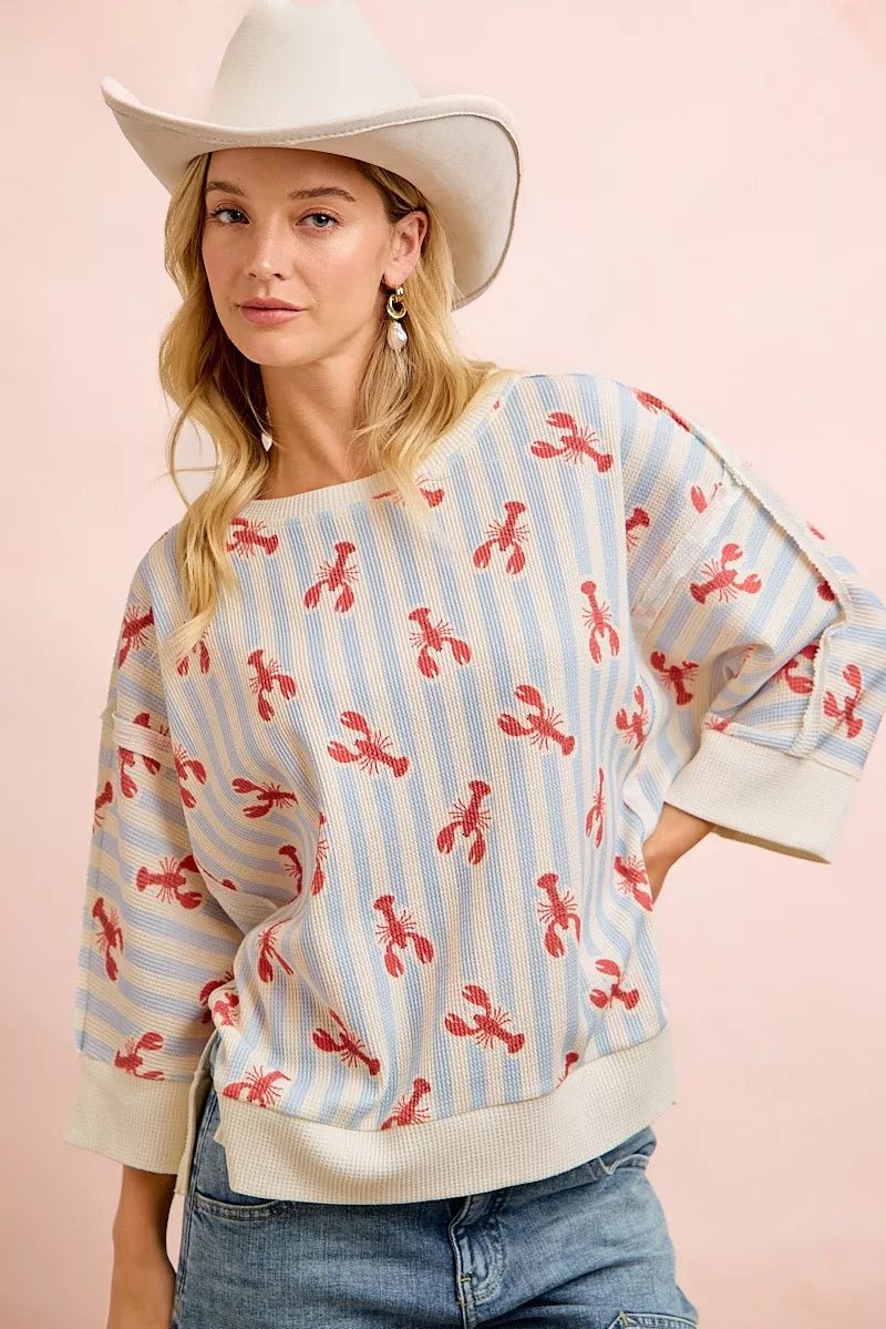 BiBi 4th Of July Lobsters Stripe Waffle Knit Sleeve Top - Desert Sunday