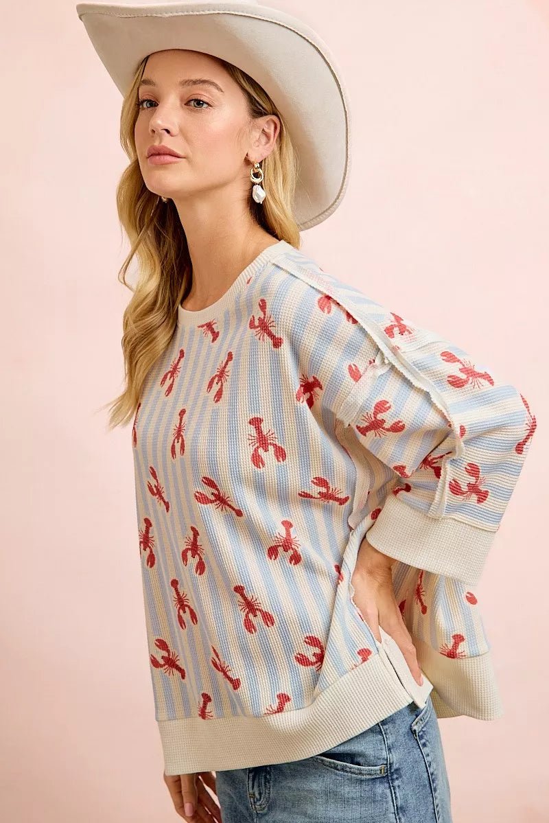 BiBi 4th Of July Lobsters Stripe Waffle Knit Sleeve Top - Desert Sunday