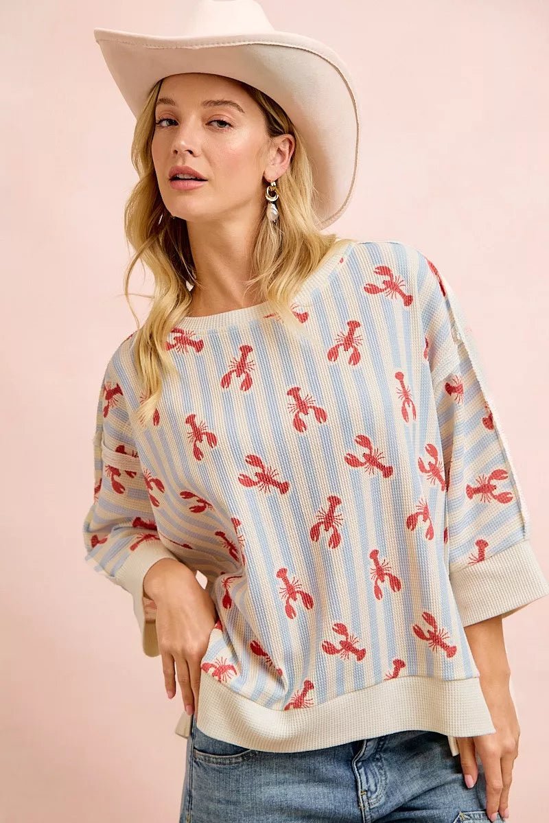 BiBi 4th Of July Lobsters Stripe Waffle Knit Sleeve Top - Desert Sunday