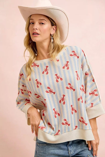 BiBi 4th Of July Lobsters Stripe Waffle Knit Sleeve Top - Desert Sunday