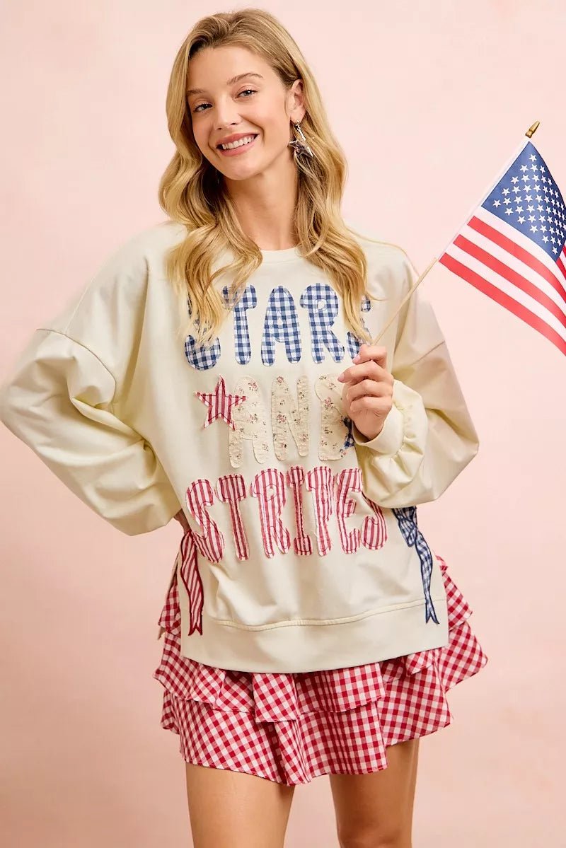BiBi 4th Of July Stars And Stripes Patches Sweatshirt - Desert Sunday