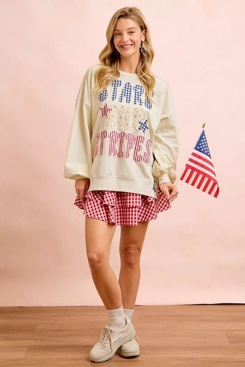 BiBi 4th Of July Stars And Stripes Patches Sweatshirt - Desert Sunday