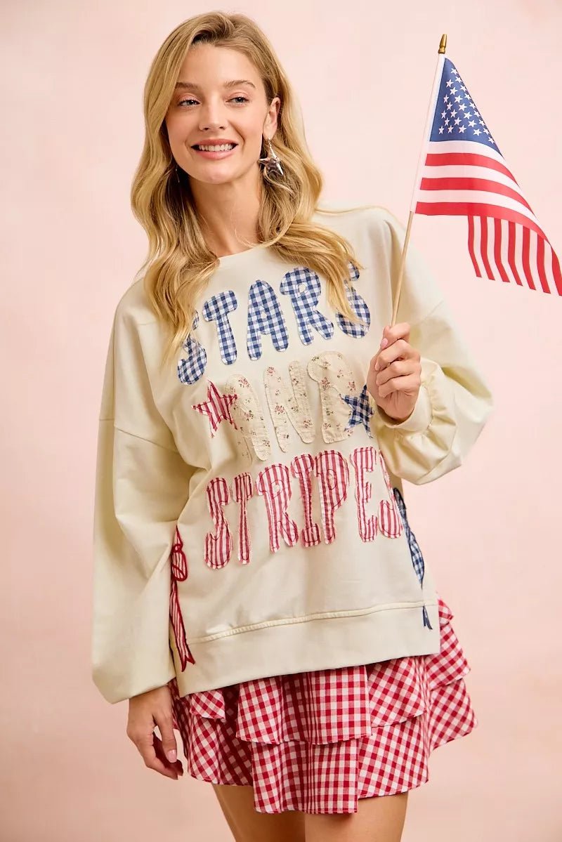 BiBi 4th Of July Stars And Stripes Patches Sweatshirt - Desert Sunday