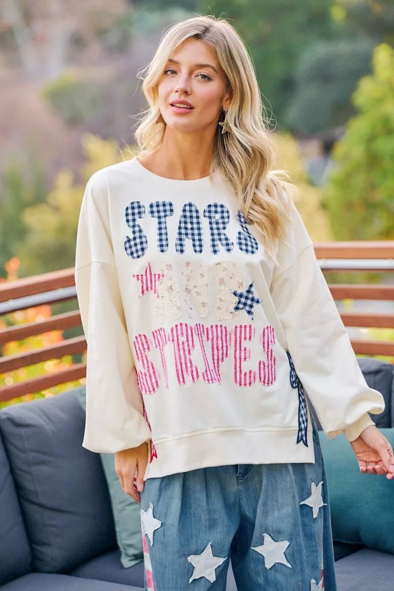 BiBi 4th Of July Stars And Stripes Patches Sweatshirt - Desert Sunday
