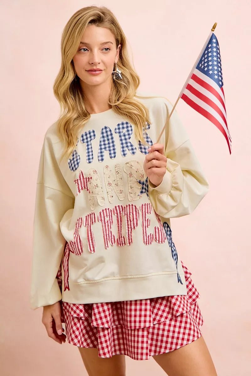 BiBi 4th Of July Stars And Stripes Patches Sweatshirt - Desert Sunday