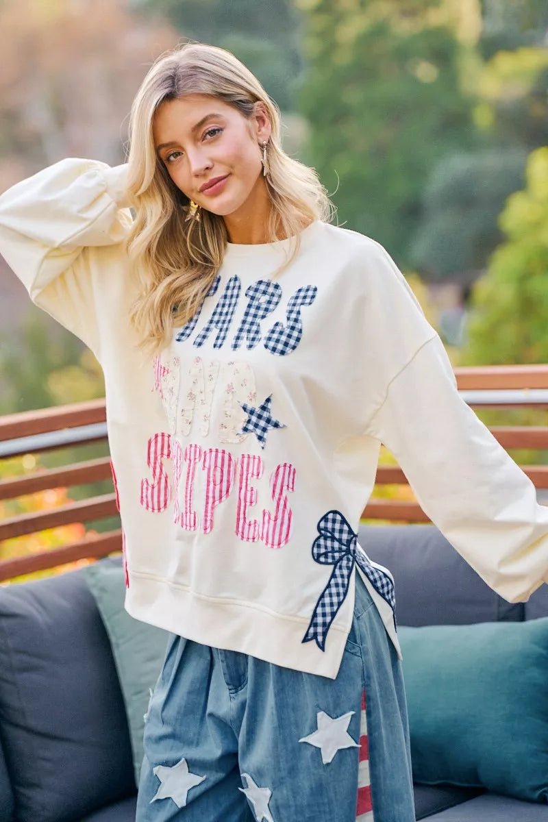 BiBi 4th Of July Stars And Stripes Patches Sweatshirt - Desert Sunday