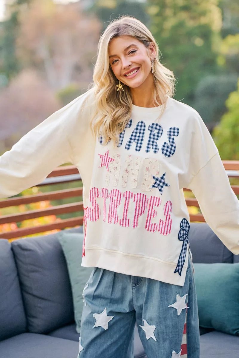 BiBi 4th Of July Stars And Stripes Patches Sweatshirt - Desert Sunday