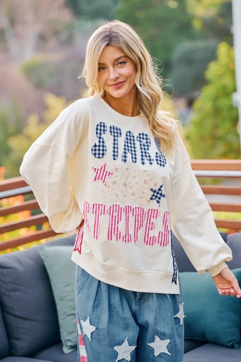 BiBi 4th Of July Stars And Stripes Patches Sweatshirt - Desert Sunday