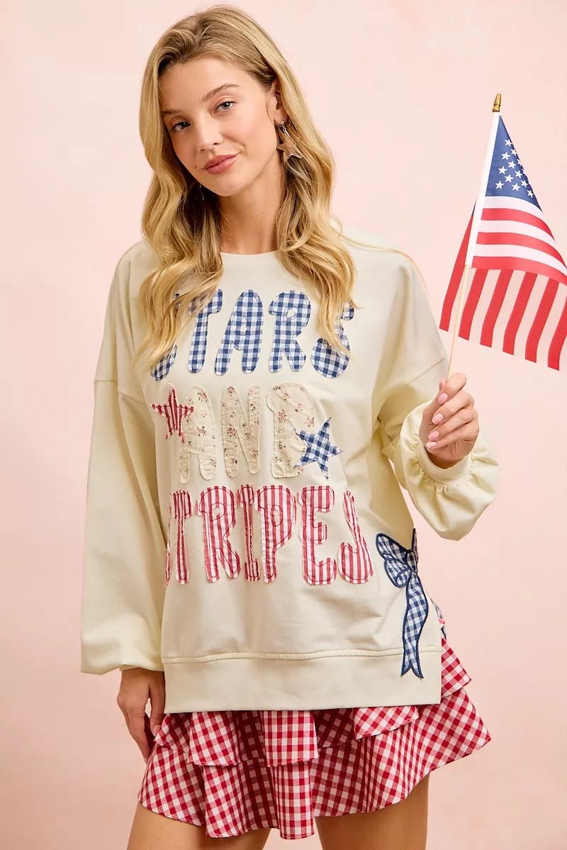 BiBi 4th Of July Stars And Stripes Patches Sweatshirt - Desert Sunday