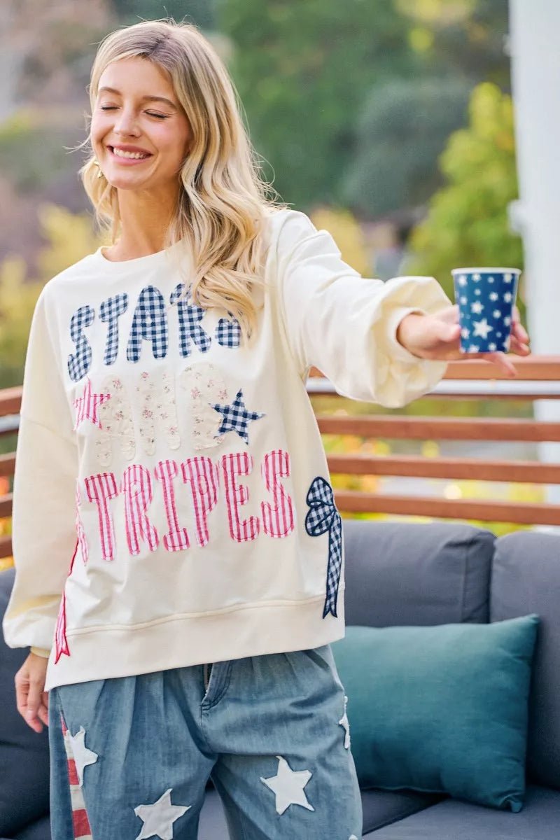 BiBi 4th Of July Stars And Stripes Patches Sweatshirt - Desert Sunday
