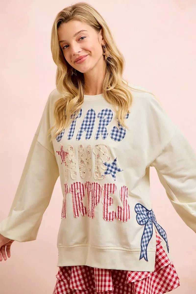 BiBi 4th Of July Stars And Stripes Patches Sweatshirt - Desert Sunday